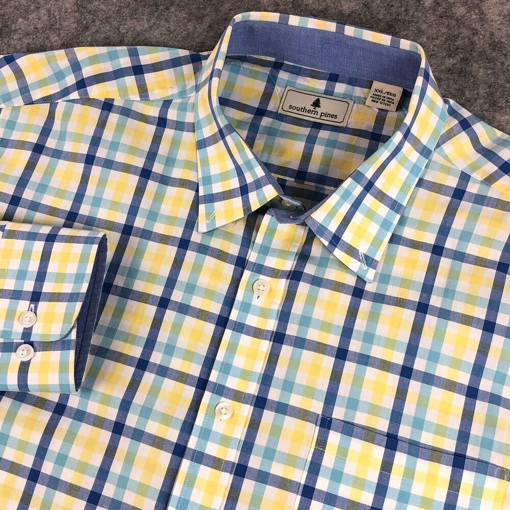 Southern Pines Button Up Shirt Mens XXL Blue‎ Yellow Plaid Long Sleeve Cotton